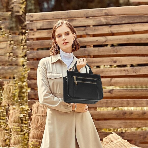 Black PU Leather Tote Bag for Women, Multi-Pocket, Travel-Compatible - Picture 2 of 8